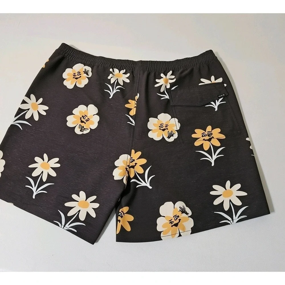 Roark Surf Board Shorts Mens XXL Black Floral Smiley Face Swim Trunks Pockets